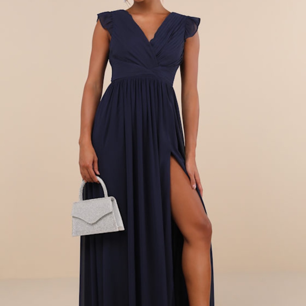 Lulus Gorgeous Goal Navy Pleated Backless Surplice Maxi Dress Blue - Size S